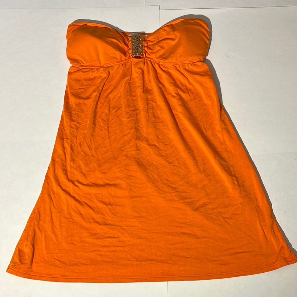 Trina Turk beach coverup sz medium orange strapless gold decal